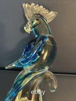 Hand Blown 1960s Murano Glass 12 Tall Bird Blue Parrot Cockatoo Figurine