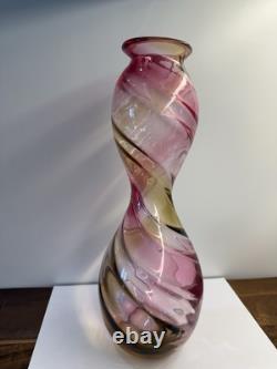 Hand Blown Art Glass Murano Large 13 Pink Clear Amber Vase Stunning