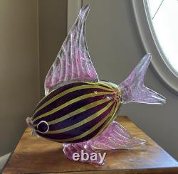 Hand Blown Art Glass Tropical Fish Pink Yellow Stripes Murano Style Coastal 11