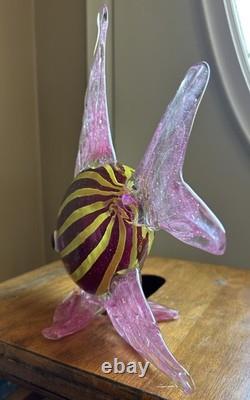 Hand Blown Art Glass Tropical Fish Pink Yellow Stripes Murano Style Coastal 11