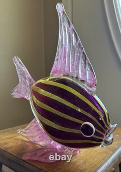 Hand Blown Art Glass Tropical Fish Pink Yellow Stripes Murano Style Coastal 11