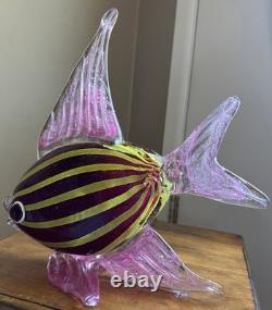 Hand Blown Art Glass Tropical Fish Pink Yellow Stripes Murano Style Coastal 11