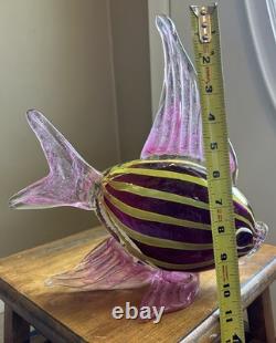 Hand Blown Art Glass Tropical Fish Pink Yellow Stripes Murano Style Coastal 11