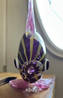 Hand Blown Art Glass Tropical Fish Pink Yellow Stripes Murano Style Coastal 11