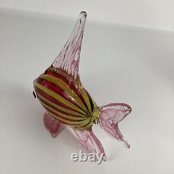 Hand Blown Art Glass Tropical Fish Pink Yellow Stripes Murano Style Coastal