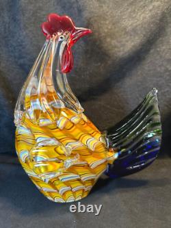 Hand Blown Art Studio Murano Style Glass Rooster 10.5 in