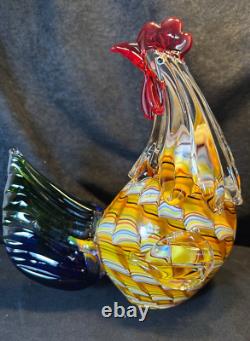 Hand Blown Art Studio Murano Style Glass Rooster 10.5 in