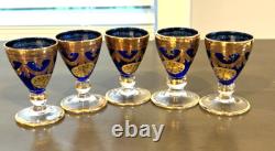 Hand-Blown Blue I Tre Fuochi Murano Glass & 24K Gold Cordial / Liqueur Set 5 NEW