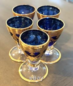 Hand-Blown Blue I Tre Fuochi Murano Glass & 24K Gold Cordial / Liqueur Set 5 NEW
