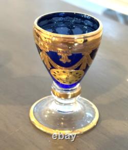 Hand-Blown Blue I Tre Fuochi Murano Glass & 24K Gold Cordial / Liqueur Set 5 NEW