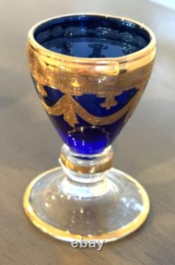 Hand-Blown Blue I Tre Fuochi Murano Glass & 24K Gold Cordial / Liqueur Set 5 NEW