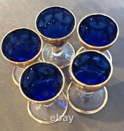 Hand-Blown Blue I Tre Fuochi Murano Glass & 24K Gold Cordial / Liqueur Set 5 NEW