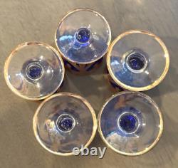 Hand-Blown Blue I Tre Fuochi Murano Glass & 24K Gold Cordial / Liqueur Set 5 NEW