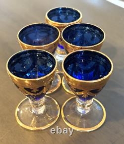 Hand-Blown Blue I Tre Fuochi Murano Glass & 24K Gold Cordial / Liqueur Set 5 NEW