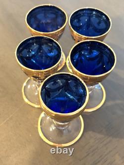 Hand-Blown Blue I Tre Fuochi Murano Glass & 24K Gold Cordial / Liqueur Set 5 NEW