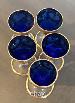 Hand-Blown Blue I Tre Fuochi Murano Glass & 24K Gold Cordial / Liqueur Set 5 NEW
