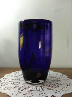 Hand Blown Cobalt Blue & White Cased Glass Vase / Millefiori Decor Murano