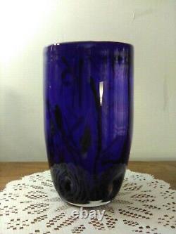 Hand Blown Cobalt Blue & White Cased Glass Vase / Millefiori Decor Murano