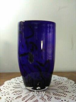 Hand Blown Cobalt Blue & White Cased Glass Vase / Millefiori Decor Murano