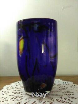 Hand Blown Cobalt Blue & White Cased Glass Vase / Millefiori Decor Murano