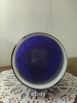 Hand Blown Cobalt Blue & White Cased Glass Vase / Millefiori Decor Murano