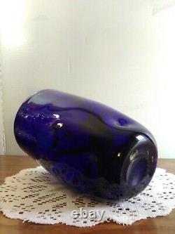 Hand Blown Cobalt Blue & White Cased Glass Vase / Millefiori Decor Murano