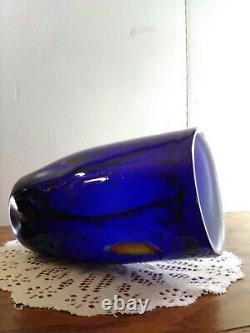 Hand Blown Cobalt Blue & White Cased Glass Vase / Millefiori Decor Murano