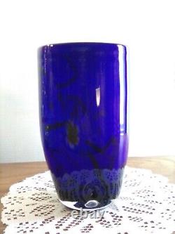 Hand Blown Cobalt Blue & White Cased Glass Vase / Millefiori Decor Murano