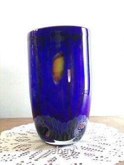 Hand Blown Cobalt Blue & White Cased Glass Vase / Millefiori Decor Murano