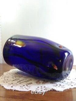 Hand Blown Cobalt Blue & White Cased Glass Vase / Millefiori Decor Murano