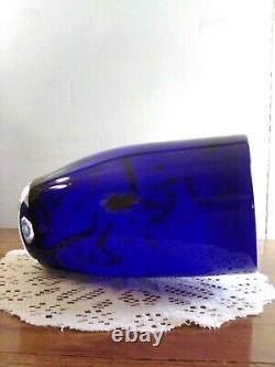 Hand Blown Cobalt Blue & White Cased Glass Vase / Millefiori Decor Murano