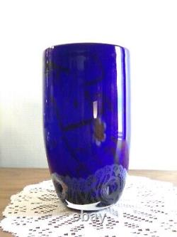 Hand Blown Cobalt Blue & White Cased Glass Vase / Millefiori Decor Murano