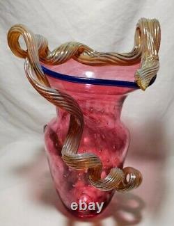 Hand Blown Cranberry STRAWBERRY VASE MURANO Applied Vine Bullicante Art Glass