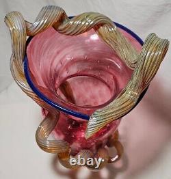 Hand Blown Cranberry STRAWBERRY VASE MURANO Applied Vine Bullicante Art Glass