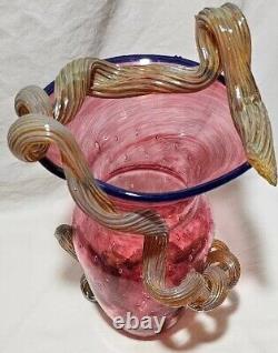 Hand Blown Cranberry STRAWBERRY VASE MURANO Applied Vine Bullicante Art Glass