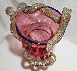 Hand Blown Cranberry STRAWBERRY VASE MURANO Applied Vine Bullicante Art Glass