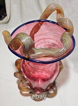 Hand Blown Cranberry STRAWBERRY VASE MURANO Applied Vine Bullicante Art Glass