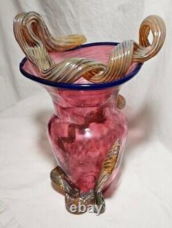 Hand Blown Cranberry STRAWBERRY VASE MURANO Applied Vine Bullicante Art Glass