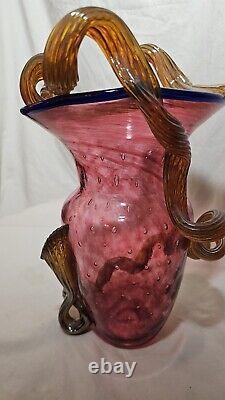 Hand Blown Cranberry STRAWBERRY VASE MURANO Applied Vine Bullicante Art Glass