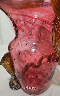 Hand Blown Cranberry STRAWBERRY VASE MURANO Applied Vine Bullicante Art Glass