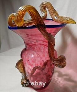 Hand Blown Cranberry STRAWBERRY VASE MURANO Applied Vine Bullicante Art Glass