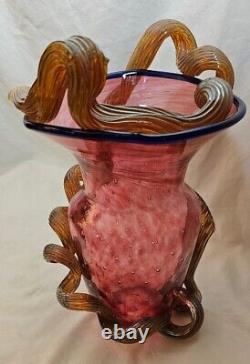 Hand Blown Cranberry STRAWBERRY VASE MURANO Applied Vine Bullicante Art Glass