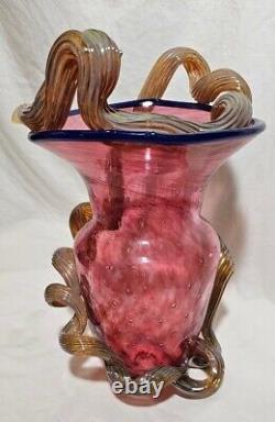 Hand Blown Cranberry STRAWBERRY VASE MURANO Applied Vine Bullicante Art Glass