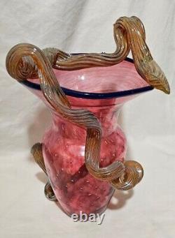 Hand Blown Cranberry STRAWBERRY VASE MURANO Applied Vine Bullicante Art Glass