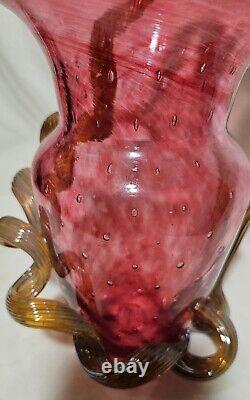 Hand Blown Cranberry STRAWBERRY VASE MURANO Applied Vine Bullicante Art Glass