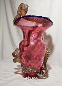 Hand Blown Cranberry STRAWBERRY VASE MURANO Applied Vine Bullicante Art Glass