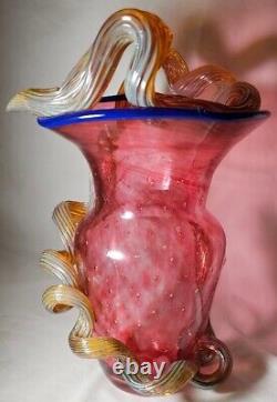 Hand Blown Cranberry STRAWBERRY VASE MURANO Applied Vine Bullicante Art Glass