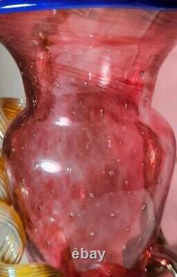 Hand Blown Cranberry STRAWBERRY VASE MURANO Applied Vine Bullicante Art Glass