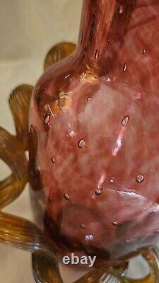 Hand Blown Cranberry STRAWBERRY VASE MURANO Applied Vine Bullicante Art Glass