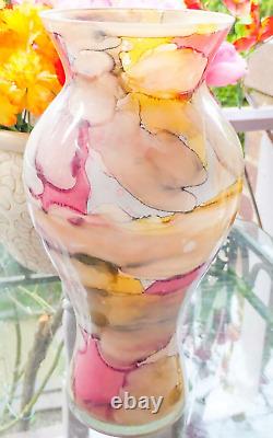 Hand Blown Franco Italy Multicolor Watercolor Marble Art Glass Vase Murano Style